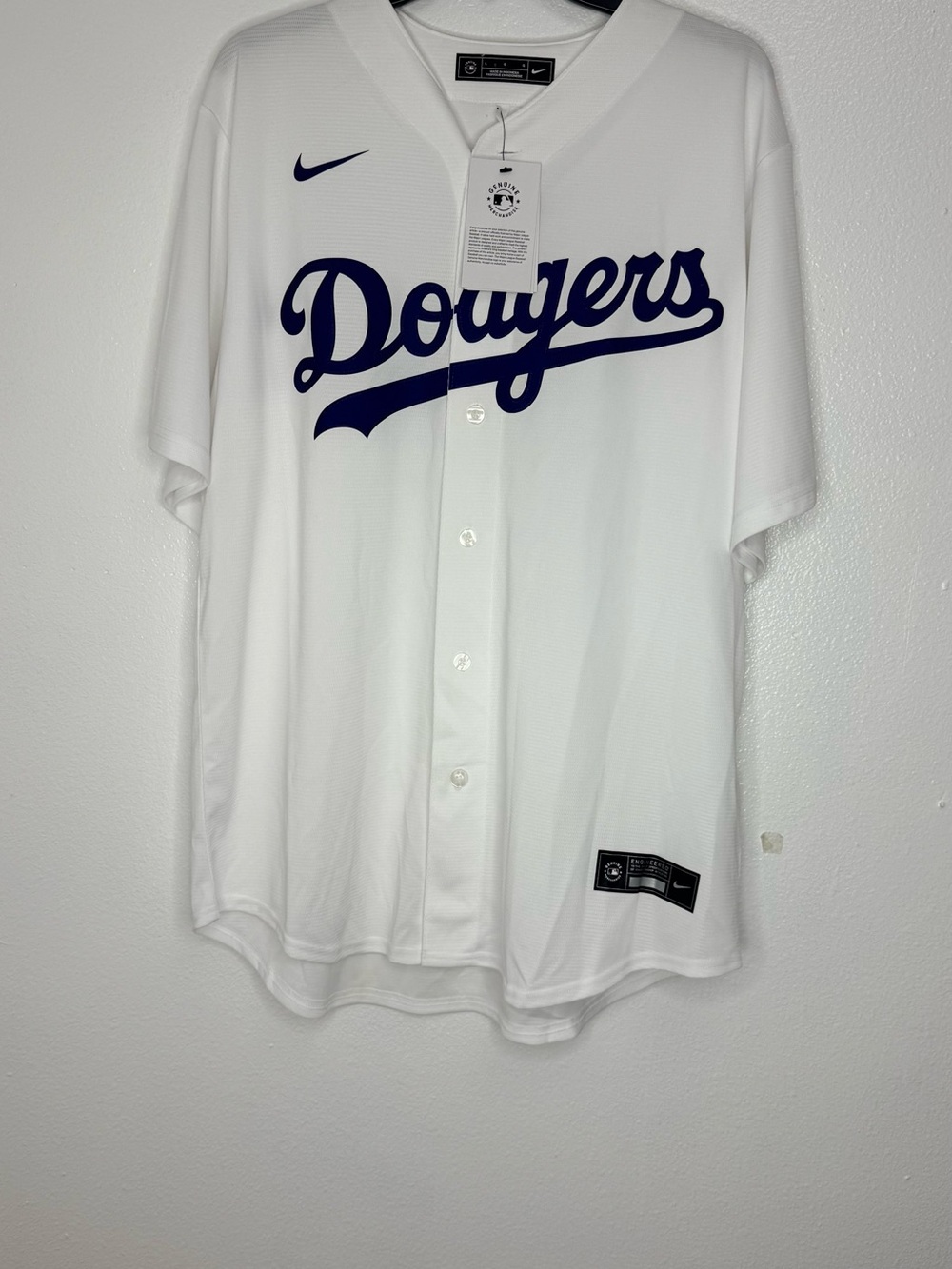 Genuine Merchandise White Dodgers Button-Up Jersey with Navy Script